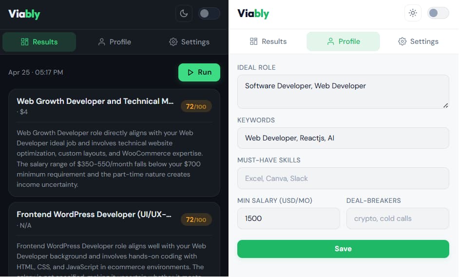 Viably - Browser extension that scrapes a job board daily, ranks job listings 0–100 using Claude AI against a personal profile, and surfaces top matches in a popup UI.